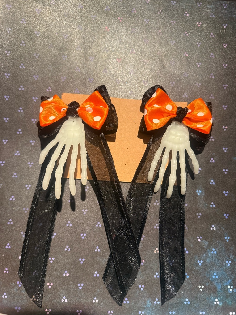 Halloween Skeleton Hand Hair Bows with Orange Polka Dot Bows